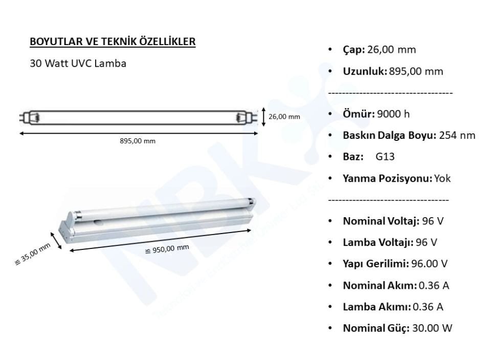 Uv Lamba - 30 Watt - Armatür & Bağlantı Kablosu
