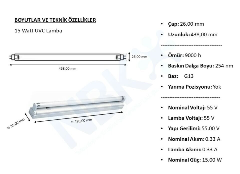 Uv Lamba - 15 Watt - Armatür & Bağlantı Kablosu