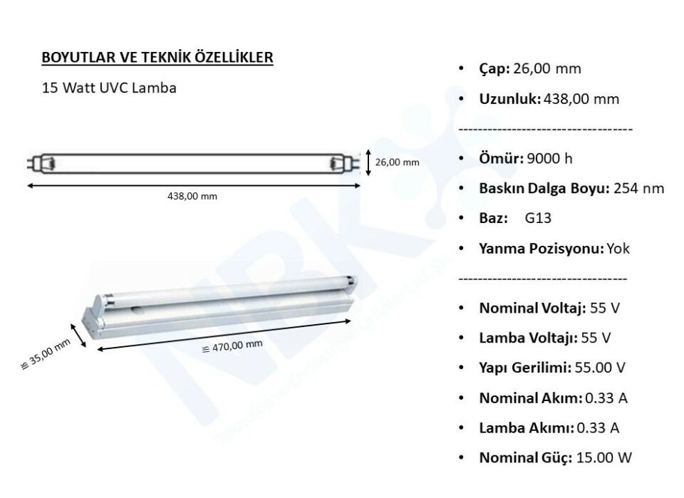 Uv Lamba - 15 Watt - Armatür & Bağlantı Kablosu